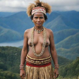 A distinguished Papua New Guinean woman wearing traditional Jiwaka bilas attire, standing against a backdrop of majestic, high-altitude mountains.