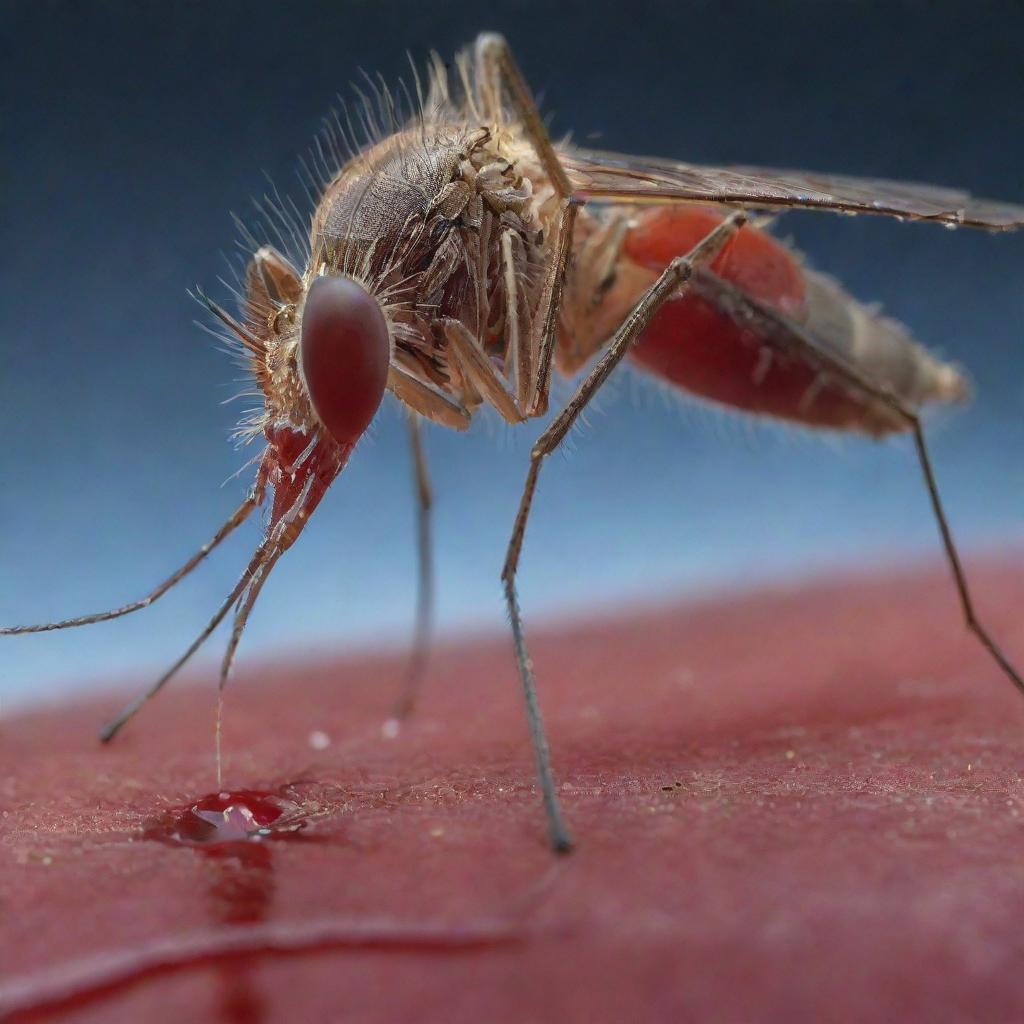 A detailed image of a mosquito engrossed in consuming blood from a human's skin with an intricate close-up view of this small insect focusing on its feeding apparatus and the human skin.