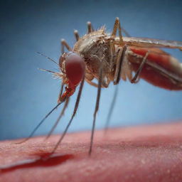 A detailed image of a mosquito engrossed in consuming blood from a human's skin with an intricate close-up view of this small insect focusing on its feeding apparatus and the human skin.