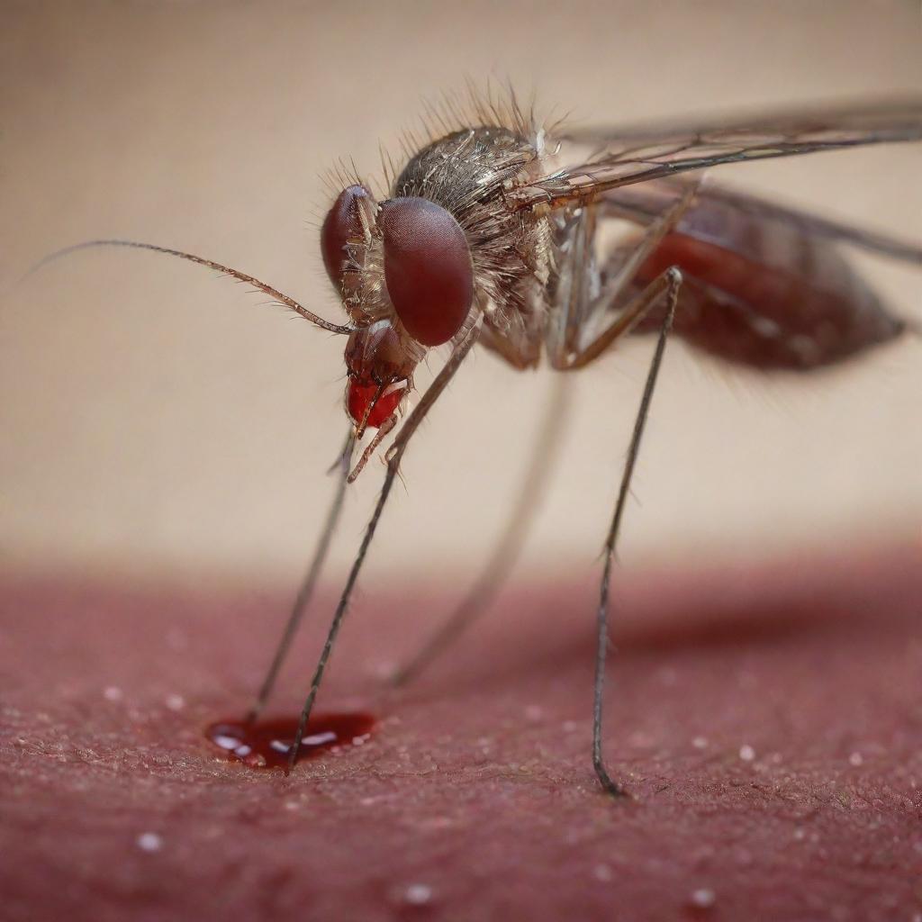 A detailed image of a mosquito engrossed in consuming blood from a human's skin with an intricate close-up view of this small insect focusing on its feeding apparatus and the human skin.