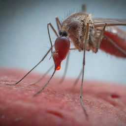 A detailed image of a mosquito engrossed in consuming blood from a human's skin with an intricate close-up view of this small insect focusing on its feeding apparatus and the human skin.