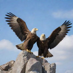 A majestic two-headed eagle with wide spread wings, both heads looking in opposite directions, perched on a rocky cliff against a bright sky