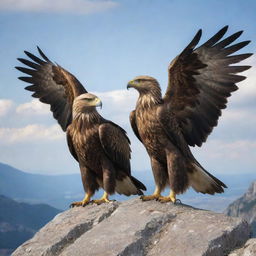 A majestic two-headed eagle with wide spread wings, both heads looking in opposite directions, perched on a rocky cliff against a bright sky