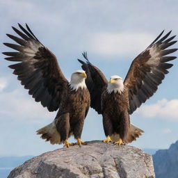 A majestic two-headed eagle with wide spread wings, both heads looking in opposite directions, perched on a rocky cliff against a bright sky