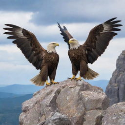 A majestic two-headed eagle with wide spread wings, both heads looking in opposite directions, perched on a rocky cliff against a bright sky