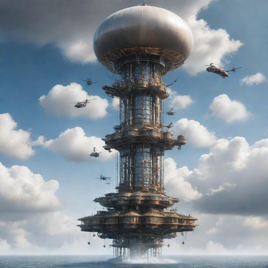 Depict the tallest building in an airpunk society. The structure is a floating tower hanging in the clouds, made of lightweight materials, adorned with propellers, turbines, and with docking stations for personal airships.