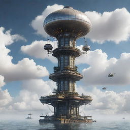 Depict the tallest building in an airpunk society. The structure is a floating tower hanging in the clouds, made of lightweight materials, adorned with propellers, turbines, and with docking stations for personal airships.