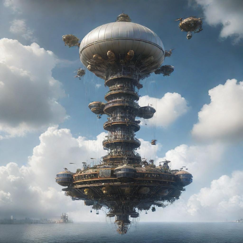 Depict the tallest building in an airpunk society. The structure is a floating tower hanging in the clouds, made of lightweight materials, adorned with propellers, turbines, and with docking stations for personal airships.