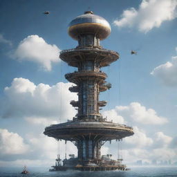 Depict the tallest building in an airpunk society. The structure is a floating tower hanging in the clouds, made of lightweight materials, adorned with propellers, turbines, and with docking stations for personal airships.