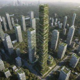 Illustrate the tallest building in an ecopunk world. This skyscraper seamlessly blends nature and architecture, covered in lush greenery, with renewable energy systems like solar panels and wind turbines. The structure emits a serene glow amidst a biologically harmonious cityscape.