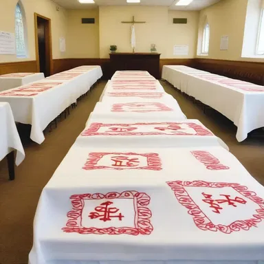 As part of a fundraising initiative, the church organized a white sale of embroidered tablecloths and religious themed linens.