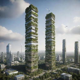 Illustrate the tallest building in an ecopunk world. This skyscraper seamlessly blends nature and architecture, covered in lush greenery, with renewable energy systems like solar panels and wind turbines. The structure emits a serene glow amidst a biologically harmonious cityscape.