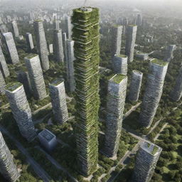 Illustrate the tallest building in an ecopunk world. This skyscraper seamlessly blends nature and architecture, covered in lush greenery, with renewable energy systems like solar panels and wind turbines. The structure emits a serene glow amidst a biologically harmonious cityscape.