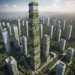 Illustrate the tallest building in an ecopunk world. This skyscraper seamlessly blends nature and architecture, covered in lush greenery, with renewable energy systems like solar panels and wind turbines. The structure emits a serene glow amidst a biologically harmonious cityscape.