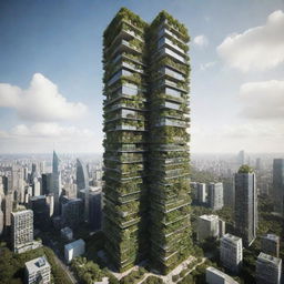 Render the tallest building in a greenpunk world. Display a harmony of advanced technology and nature with a towering structure cloaked in vegetation. The building should have solar panels, vine-covered facades and rooftop gardens, all hinting at a sustainable future.