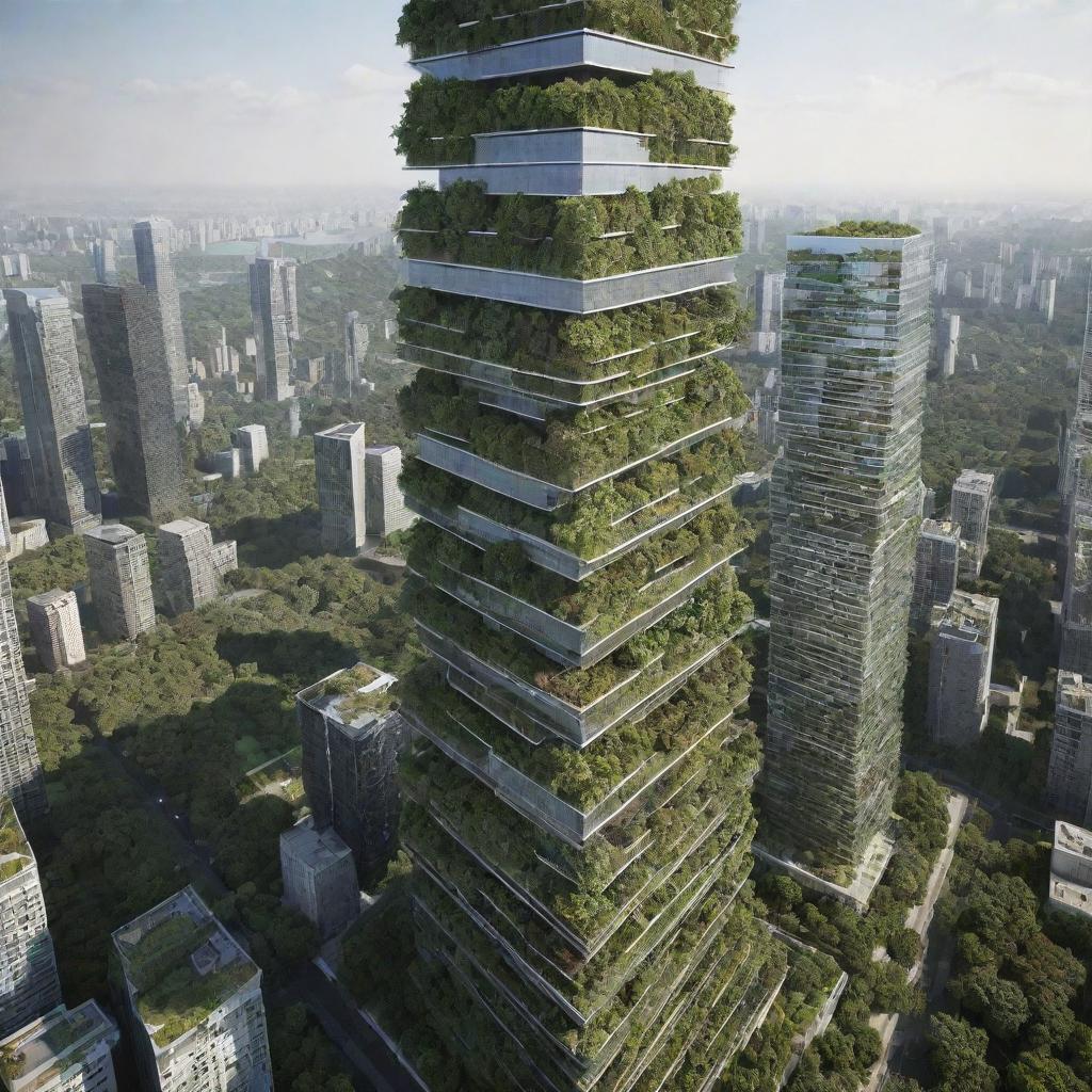 Render the tallest building in a greenpunk world. Display a harmony of advanced technology and nature with a towering structure cloaked in vegetation. The building should have solar panels, vine-covered facades and rooftop gardens, all hinting at a sustainable future.