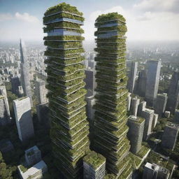 Render the tallest building in a greenpunk world. Display a harmony of advanced technology and nature with a towering structure cloaked in vegetation. The building should have solar panels, vine-covered facades and rooftop gardens, all hinting at a sustainable future.