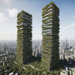 Render the tallest building in a greenpunk world. Display a harmony of advanced technology and nature with a towering structure cloaked in vegetation. The building should have solar panels, vine-covered facades and rooftop gardens, all hinting at a sustainable future.