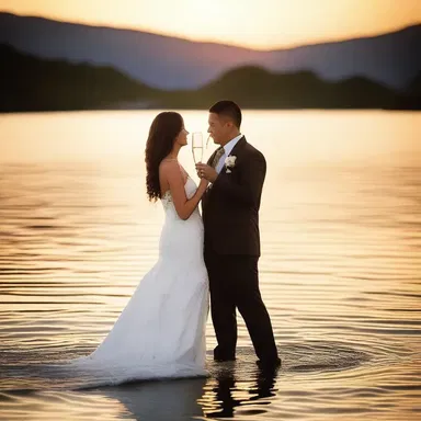 As the sun set, the couple shared a swig of champagne, toasting to their love.
