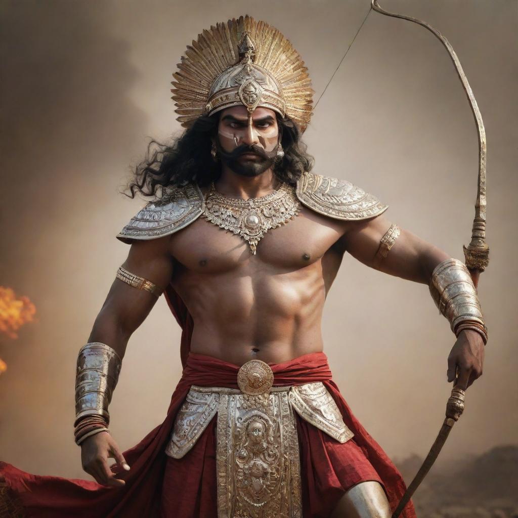 Karna, the legendary warrior from the Mahabharata, adorned in his traditional armor and holding his bow and arrows on the backdrop of a dramatic battlefield.