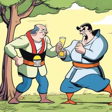 In the cartoon, the character would often swig his enemies to defeat them.