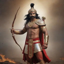 Karna, the legendary warrior from the Mahabharata, adorned in his traditional armor and holding his bow and arrows on the backdrop of a dramatic battlefield.