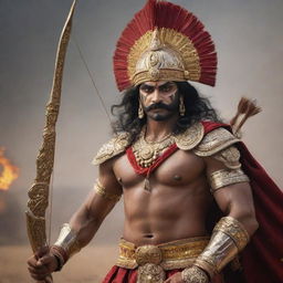 Karna, the legendary warrior from the Mahabharata, adorned in his traditional armor and holding his bow and arrows on the backdrop of a dramatic battlefield.