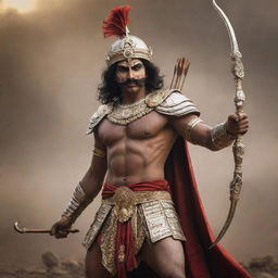 Karna, the legendary warrior from the Mahabharata, adorned in his traditional armor and holding his bow and arrows on the backdrop of a dramatic battlefield.