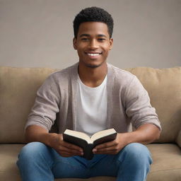 Create a detailed portrait of a character named CJ. He should be casually dressed, relaxing on a comfortable couch, holding a book in his hand, and have a warm, inviting smile.