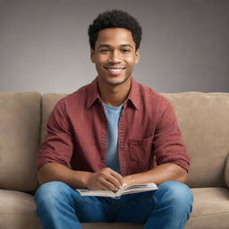 Create a detailed portrait of a character named CJ. He should be casually dressed, relaxing on a comfortable couch, holding a book in his hand, and have a warm, inviting smile.