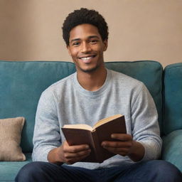 Create a detailed portrait of a character named CJ. He should be casually dressed, relaxing on a comfortable couch, holding a book in his hand, and have a warm, inviting smile.