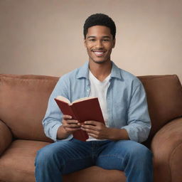 Create a detailed portrait of a character named CJ. He should be casually dressed, relaxing on a comfortable couch, holding a book in his hand, and have a warm, inviting smile.