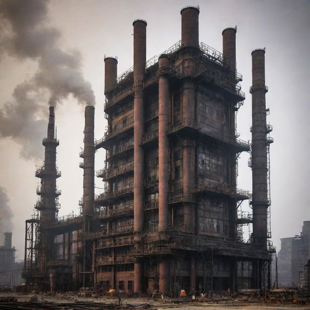 Portray the tallest building in an oilpunk world. This structure is marked by massive, industrial design, with a mix of early 20th century aesthetics. Steel girders, layers of pipes, oil barrels and smokestacks chiming out thick smog dominate the scene.