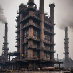 Portray the tallest building in an oilpunk world. This structure is marked by massive, industrial design, with a mix of early 20th century aesthetics. Steel girders, layers of pipes, oil barrels and smokestacks chiming out thick smog dominate the scene.