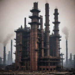 Portray the tallest building in an oilpunk world. This structure is marked by massive, industrial design, with a mix of early 20th century aesthetics. Steel girders, layers of pipes, oil barrels and smokestacks chiming out thick smog dominate the scene.