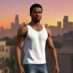 Generate an image of CJ, the character from Grand Theft Auto: San Andreas, located in a cityscape during sunset, wearing his signature white tank top, jeans and sporting his memorable haircut.