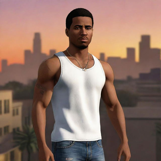 Generate an image of CJ, the character from Grand Theft Auto: San Andreas, located in a cityscape during sunset, wearing his signature white tank top, jeans and sporting his memorable haircut.