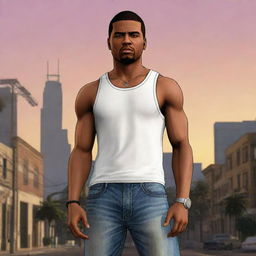 Generate an image of CJ, the character from Grand Theft Auto: San Andreas, located in a cityscape during sunset, wearing his signature white tank top, jeans and sporting his memorable haircut.