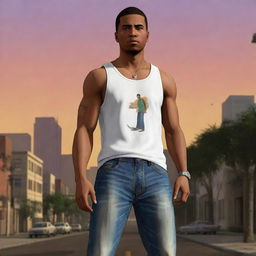 Generate an image of CJ, the character from Grand Theft Auto: San Andreas, located in a cityscape during sunset, wearing his signature white tank top, jeans and sporting his memorable haircut.