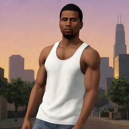 Generate an image of CJ, the character from Grand Theft Auto: San Andreas, located in a cityscape during sunset, wearing his signature white tank top, jeans and sporting his memorable haircut.