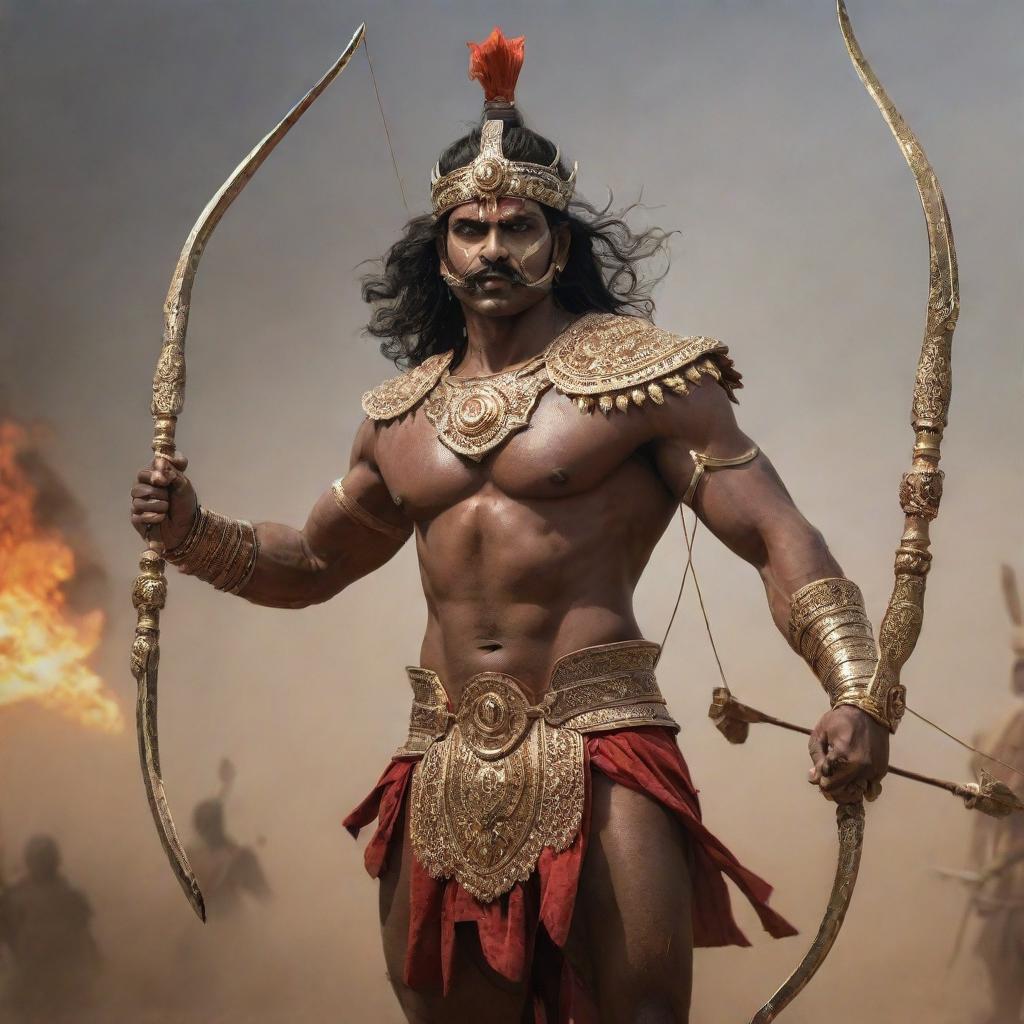 A realistic depiction of Karna, from the Mahabharata: a heavily muscled warrior in traditional Indian armor, holding a long, ornate bow, with arrows slung over his shoulder, amidst a heated battlefield.