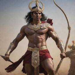 A realistic depiction of Karna, from the Mahabharata: a heavily muscled warrior in traditional Indian armor, holding a long, ornate bow, with arrows slung over his shoulder, amidst a heated battlefield.