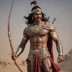 A realistic depiction of Karna, from the Mahabharata: a heavily muscled warrior in traditional Indian armor, holding a long, ornate bow, with arrows slung over his shoulder, amidst a heated battlefield.