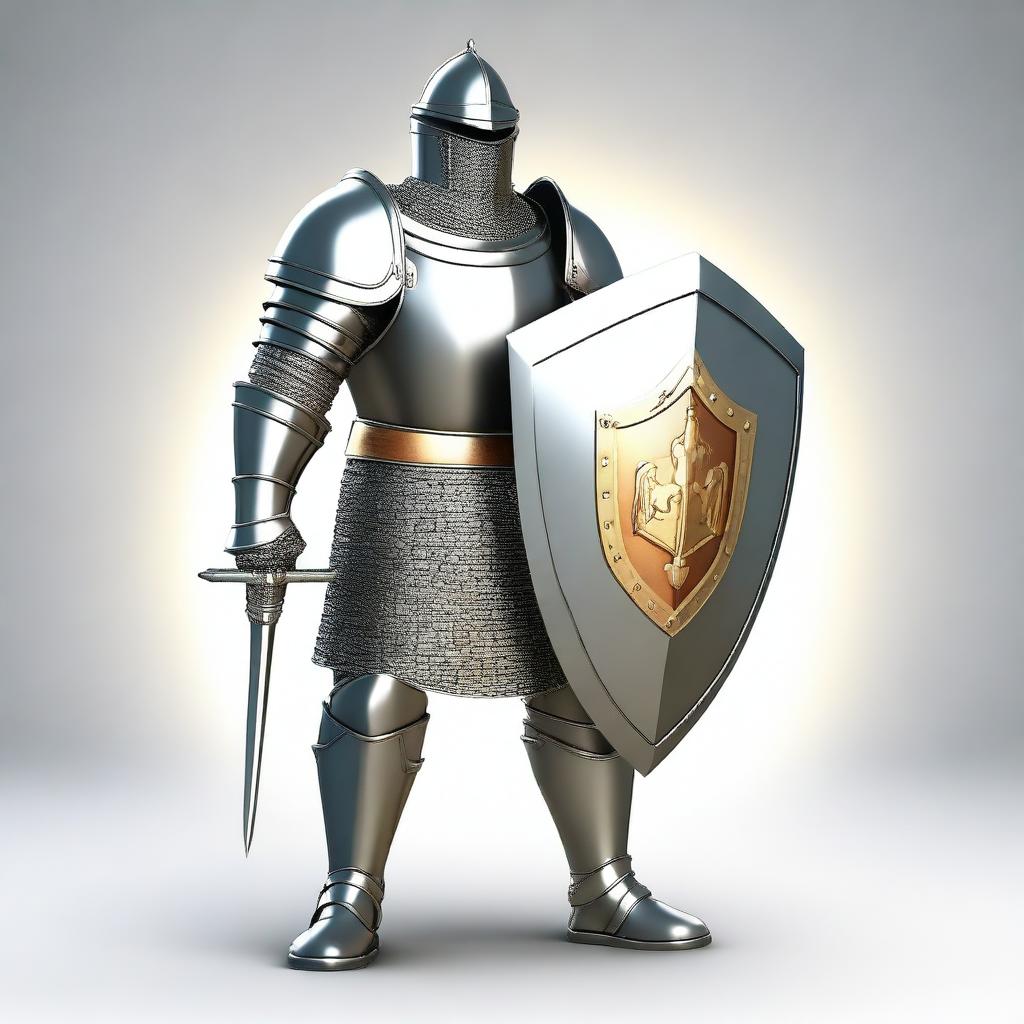 Generate an image of a brave knight, donned in shining armor, holding a large, sturdy shield