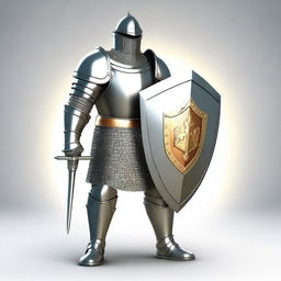 Generate an image of a brave knight, donned in shining armor, holding a large, sturdy shield