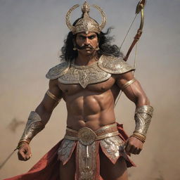 A realistic depiction of Karna, from the Mahabharata: a heavily muscled warrior in traditional Indian armor, holding a long, ornate bow, with arrows slung over his shoulder, amidst a heated battlefield.