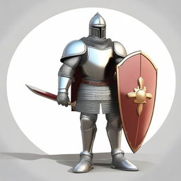 Generate an image of a brave knight, donned in shining armor, holding a large, sturdy shield