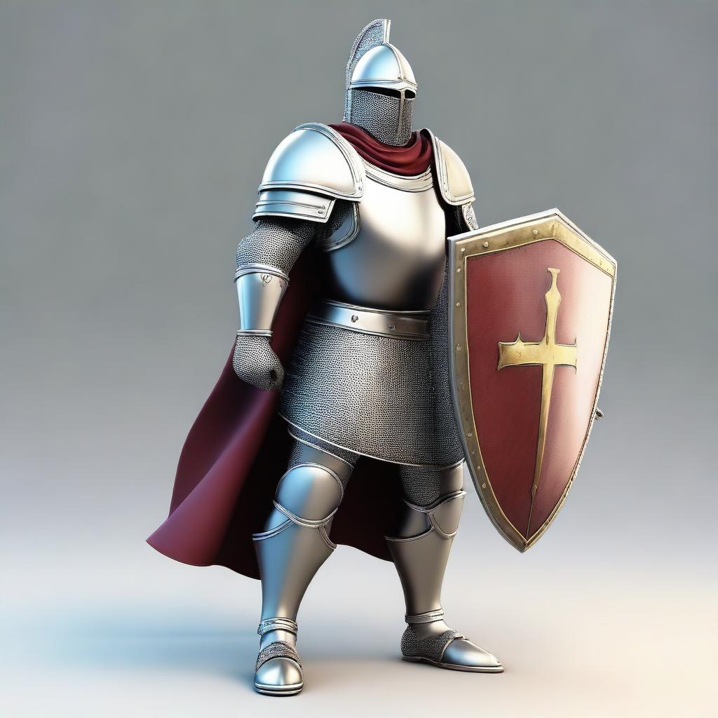 Generate an image of a brave knight, donned in shining armor, holding a large, sturdy shield