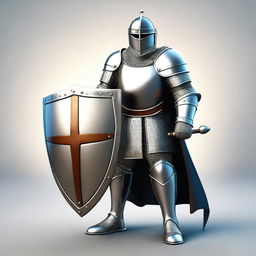 Generate an image of a brave knight, donned in shining armor, holding a large, sturdy shield