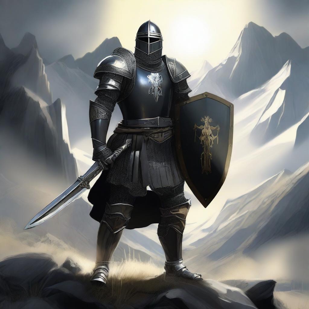 Generate an image of a knight, clad in black armor, holding a shield in one hand and a sword in the other, standing in a mountainous landscape